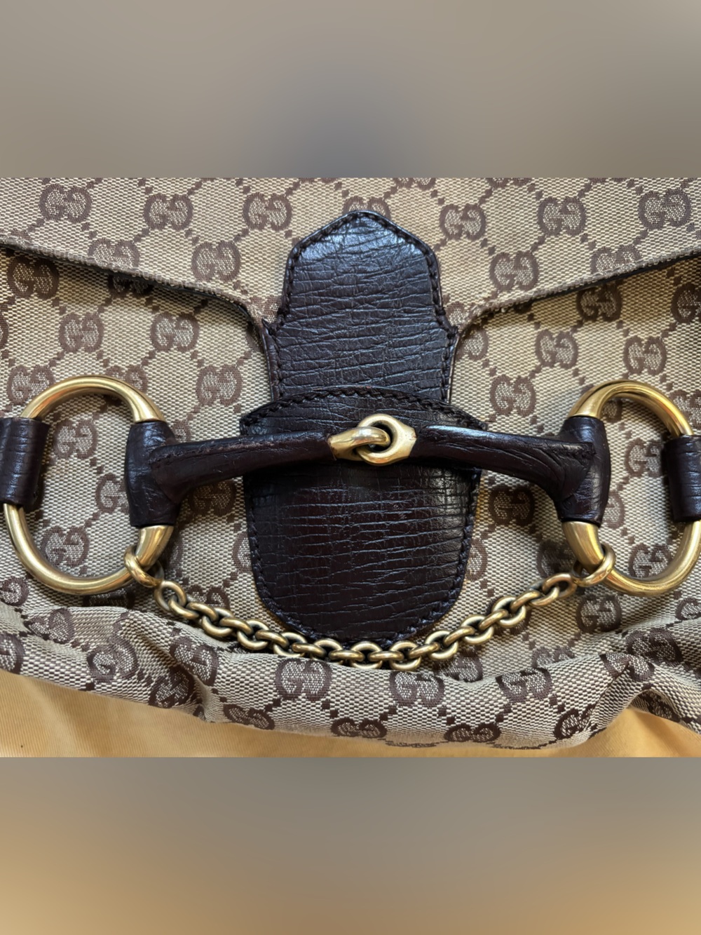 Gucci Beige/Brown Monogram Shoulder Bag with Gold Horsebit Accents tom ford - Picture 2 of 15